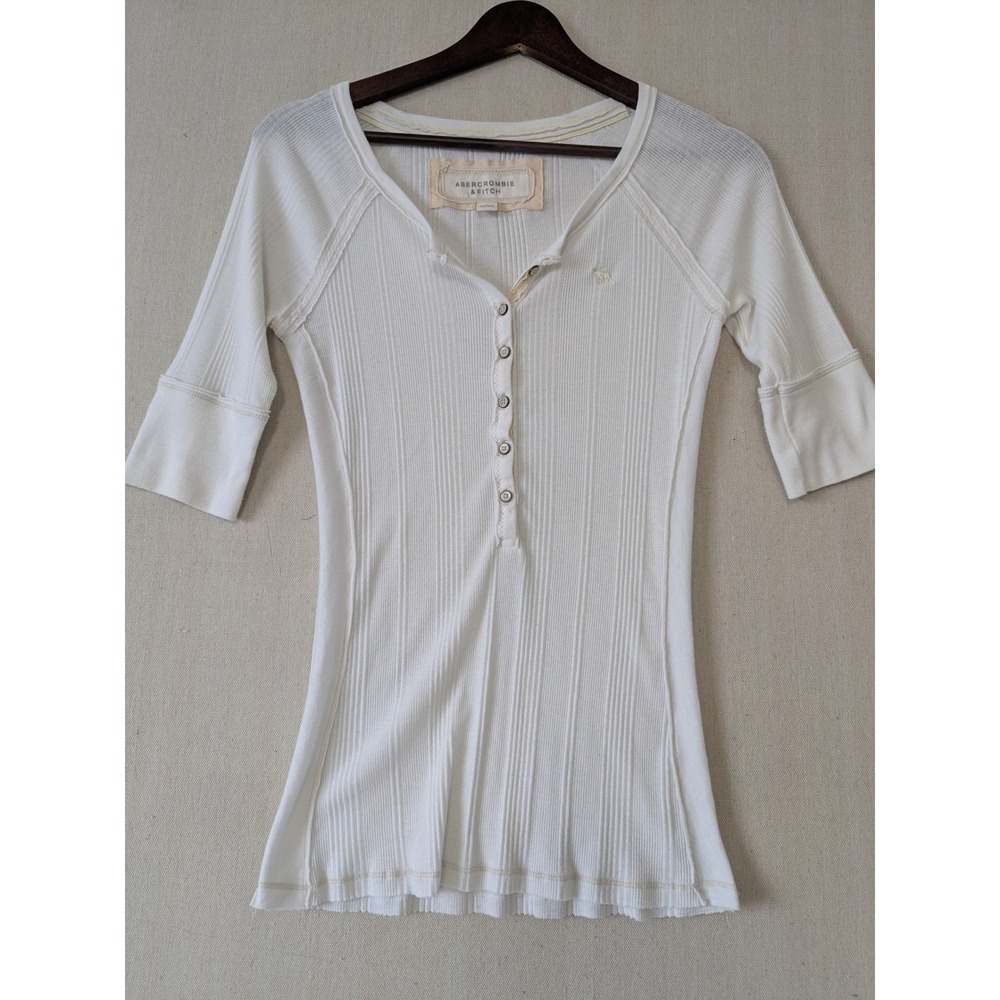 Abercrombie & Fitch Henley Top Womens Large White Ribbed Y2K Logo Bella Swan